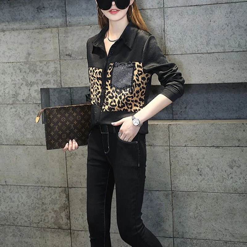 Spring Autumn Streetwear Leopard Printed Casual Fashion Blouse Ladies Long Sleeve Harajuku Y2K Cardigan Top Women Diamons Blouse