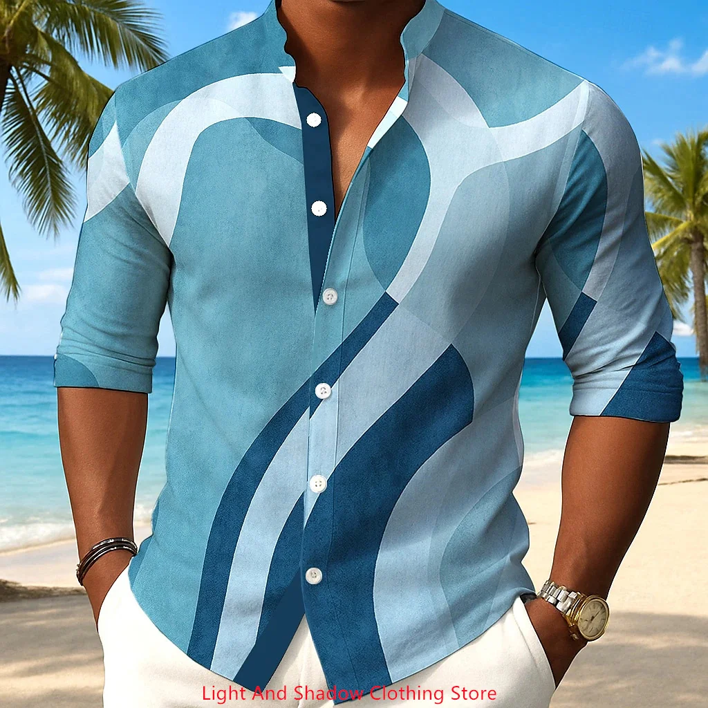 

Men's formal shirt, fashionable stand up collar geometric print shirt, high-quality single breasted men's shirt for the street