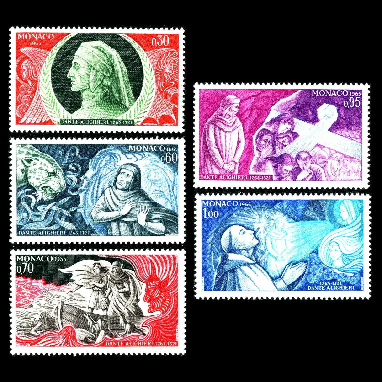 5Pcs/Set New Monaco Post Stamp 1966 Italian Writer Dante Divine Comedy Engraving Postage Stamps MNH