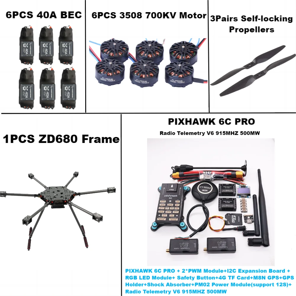 ZD680 6C PRO M8N M9N M10 Kit de cadre hexagonal à bras pliable hexa-rotor entièrement en Fiber de carbone PIXHAWK avec train d'atterrissage indodable