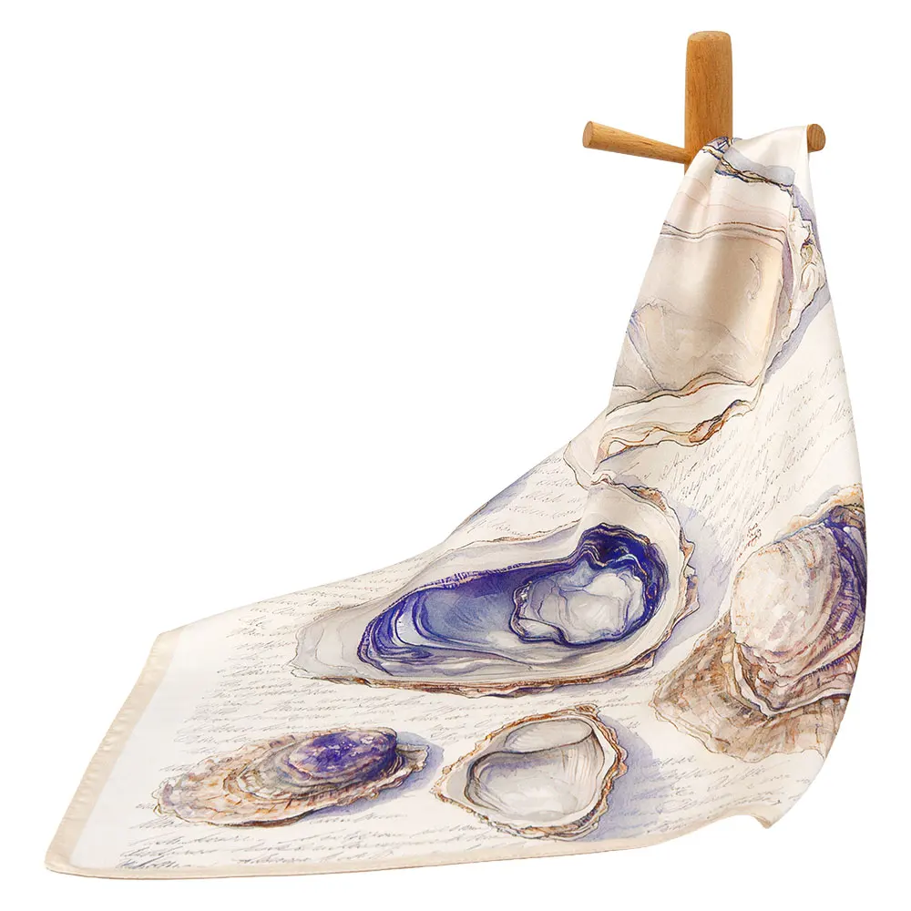 53cm Pure Silk Square Scarf Women Oyster Shell Print Bandana Vintage Ocean Art Hair Wrap Elegant Tidal Relic Neckerchief Shawl