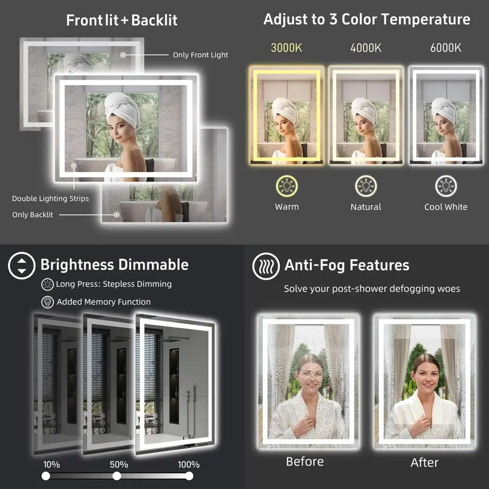 مرآة حمام LED، 36 × 24، مضادة للضباب، قابلة للتعتيم، بإضاءة خلفية وإضاءة أمامية، زجاج مقسى، حامل جداري، مقاوم للكسر #1