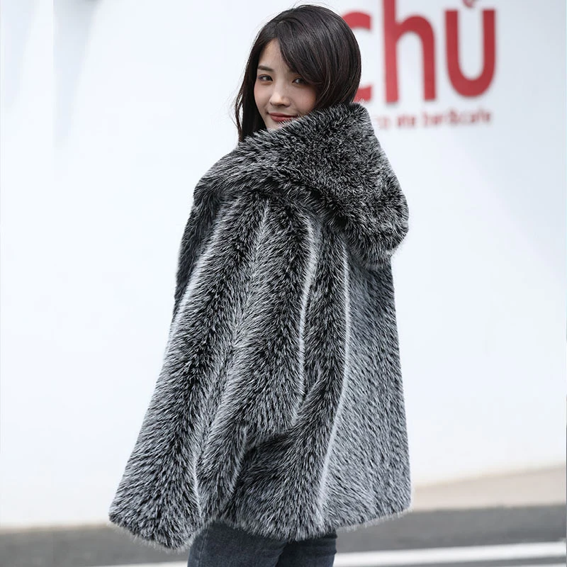 Silver Fox Fur Jacket Women Thick Warm Winter Hooded Fluffy Jacket Faux Fox Fur Coat Zip Pockets Furry шуба искусственный мех