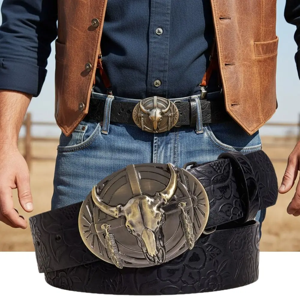 Luxury Carved Western Cowboy Belt Cow Head Buckle Retro Embossed Belt Vintage Jeans Pants Belt For Man Women