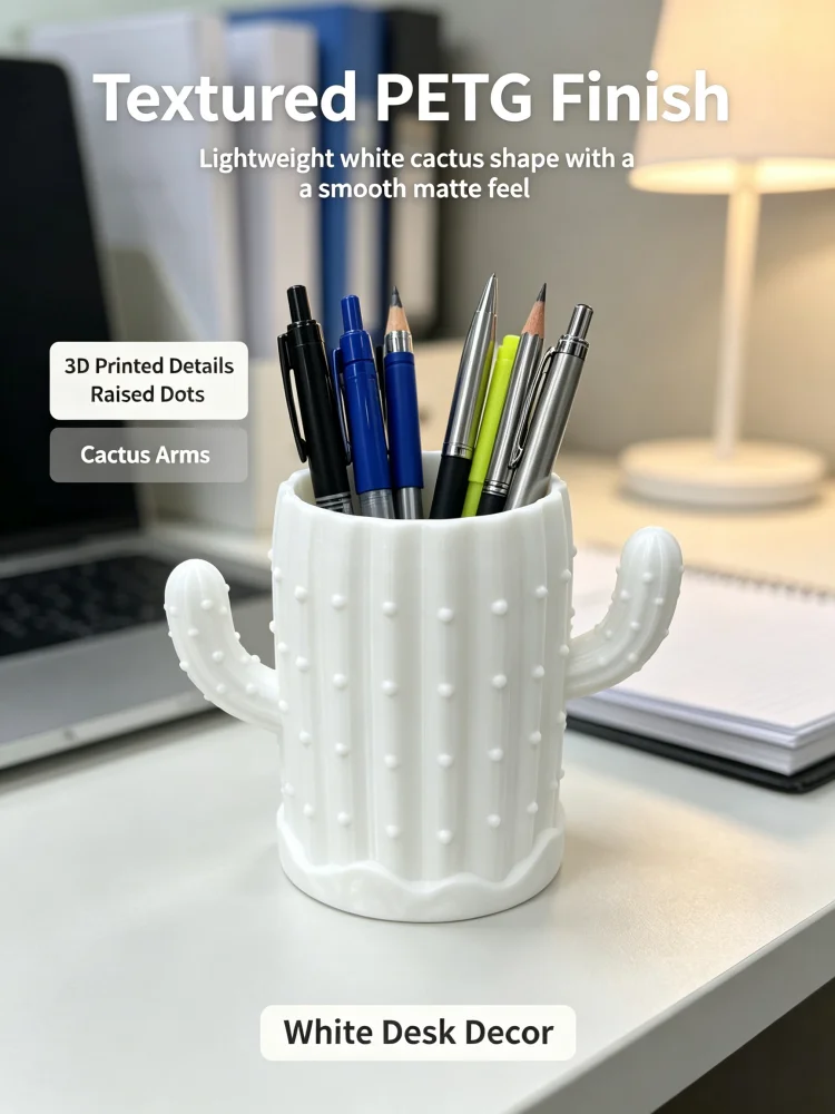 Creative Cactus Desktop Pen Holder 3D Printed Petg White Stationery Organizer Cute Plant-Shaped Pen Cup Universal Pen Storage Container for Home, Office, School, Teacher's Desk Large Capacity Pencil Holder Bohemian Style Desktop Decoration Fun Desktop Gadgets Teacher's Desk Gift Simple Desktop Accessories Study Room Desktop Decoration Decorative Desktop Storage Box Office Supplies Storage Tube