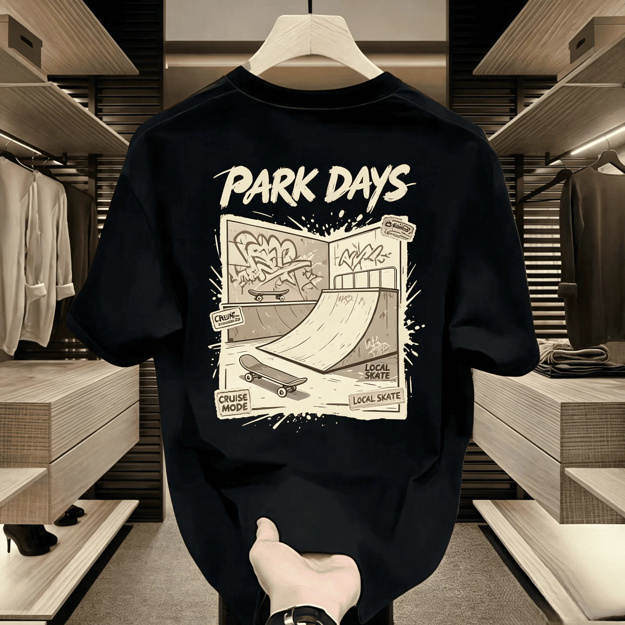 Unisex Park Days Skate Park Graffiti Back Print T Shirt Men Women Vintage Retro Short Sleeve Tee Summer Casual Black Streetwear Tops