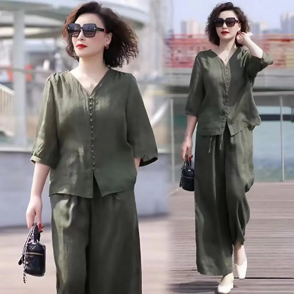 

Women's Suit Summer 2025 New 3/4 Sleeved Loose Shirt Trouser Suit Casual Fashion Wide Leg Long Pant Lounge Streetwear Outfit ﻿