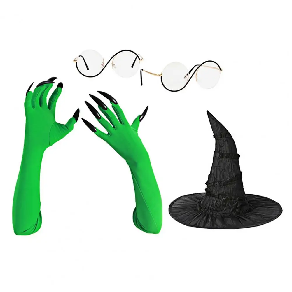 Green Witch Outfit Set Witch Costume Accessory Set for Women Black Witch Hat Round Frame Glasses Green Claw Gloves Halloween