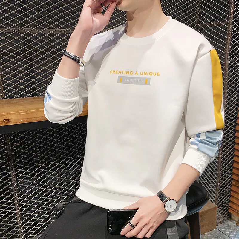 2024 Spring and Autumn Men's New Pullover Round Neck Panel Letter Fashion Color Block Loose Versatile Long Sleeved Sweatshirts