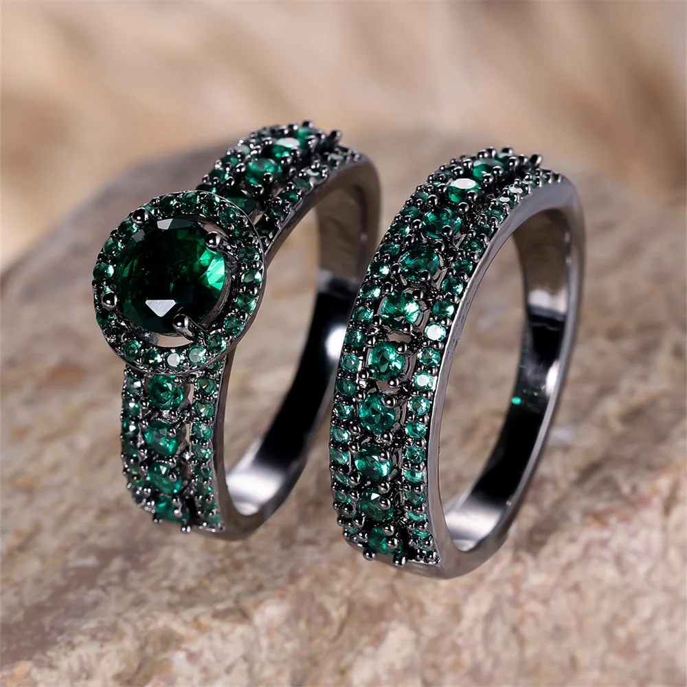 الأخضر الزركون المشاركة خواتم مزدوجة فاخرة كريستال حجر مستدير حلقة مجموعة للنساء خمر الأسود معدن مجوهرات الزفاف مجموعات هدية