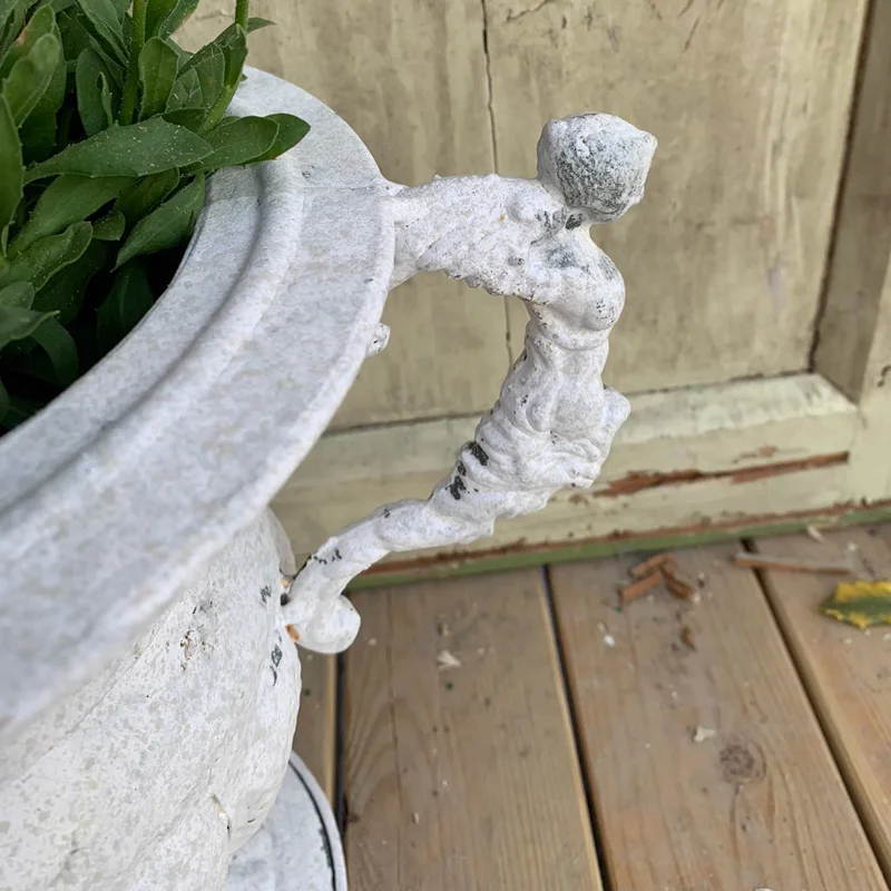 Vintage Metal Urn Planter, Retro Iron White Trophy Flower Pot, Rustic Handmade Pedestal Flowerpot