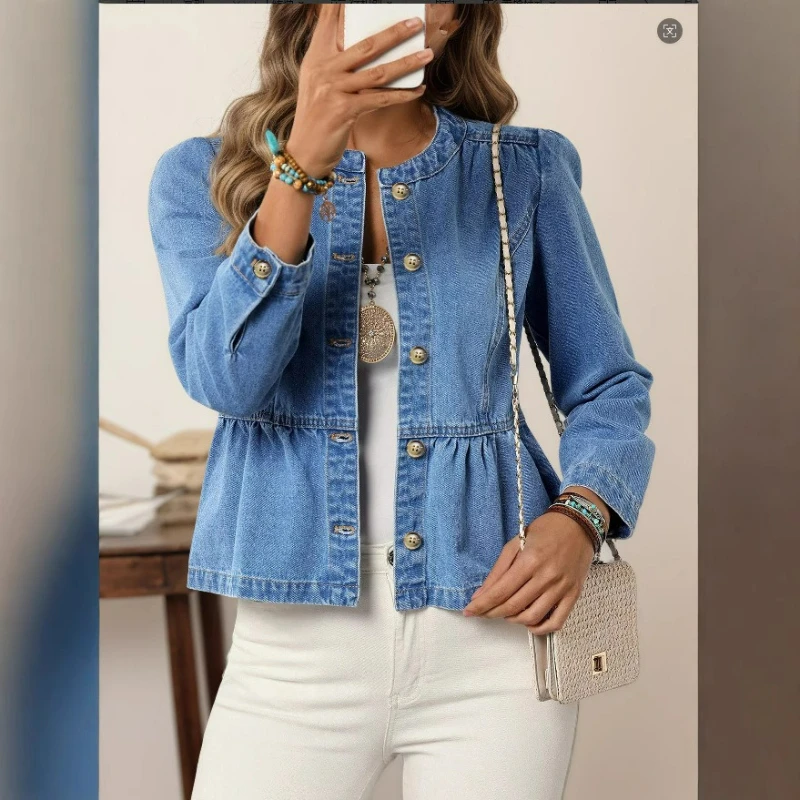 

Джинсовое пальто женское с расклешенными рукавами однотонные куртки с узкой талией и пуговицами с круглым вырезом куртка тонкие повседневные пальто основа офисная женская осень 2025