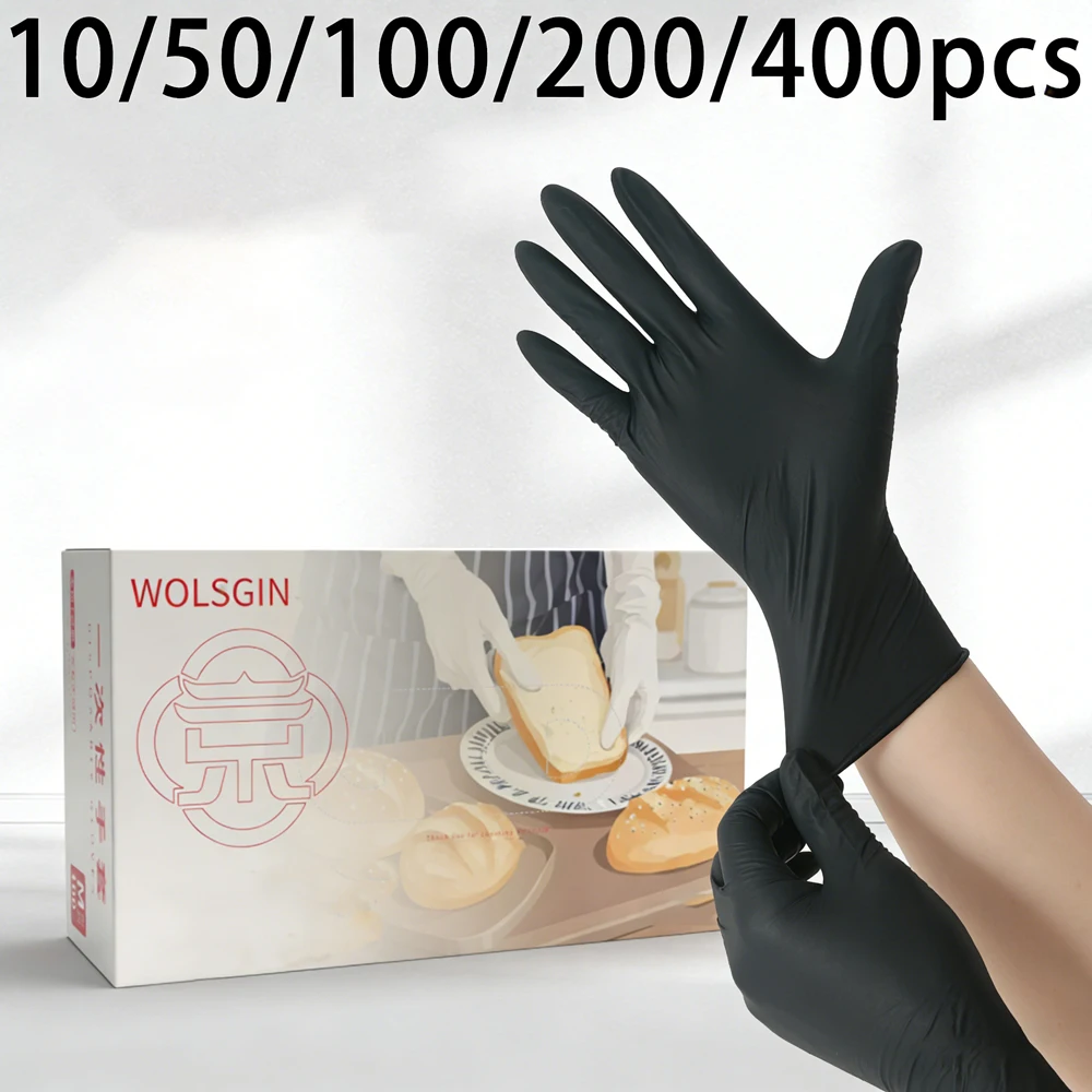 10/50/100/200/400 Pcs Black Disposable Synthetic Nitrile Gloves for Kitchen, Baking, Tattooing & Household Cleaning.