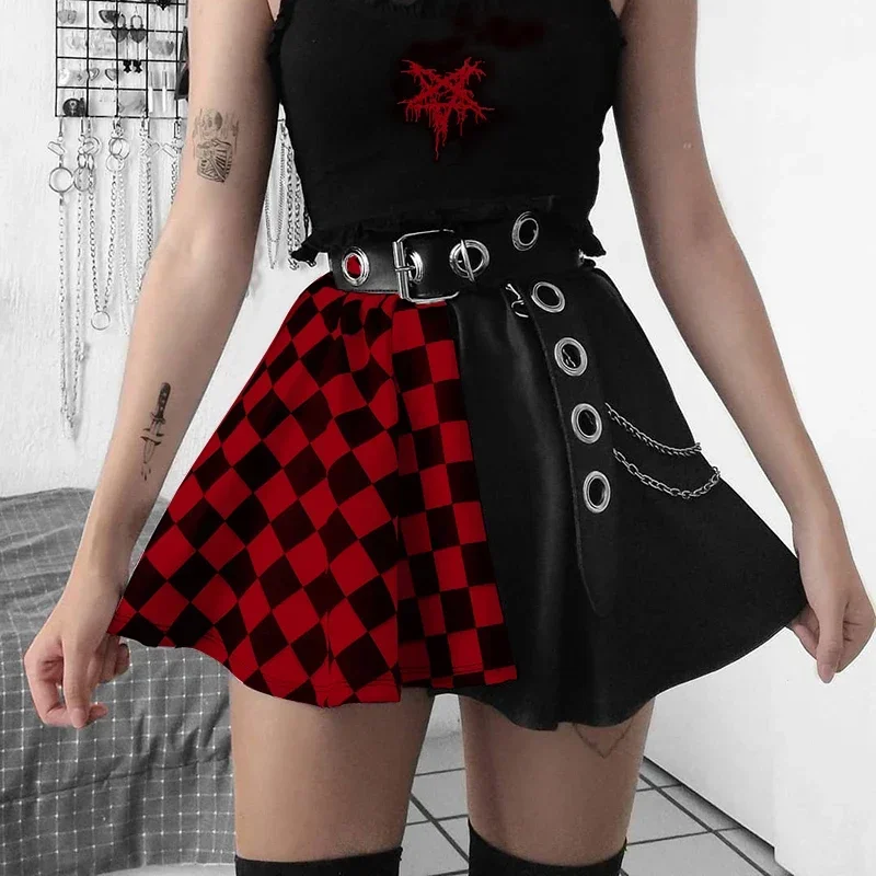 Goth Plaid Sexy Mini Skirt Women Patchwork Harajuku Fashion Pleated Skirt Punk Aesthetic Summer High Waist Skirt 2021