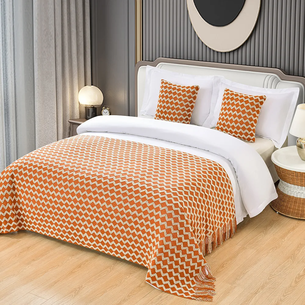 Simple Knitted Home Hotel Longer Tassel Bed Runner Solid Plaid Wool Bed Tail Towel Wedding Party Decor Bed Cover Bed Blanket