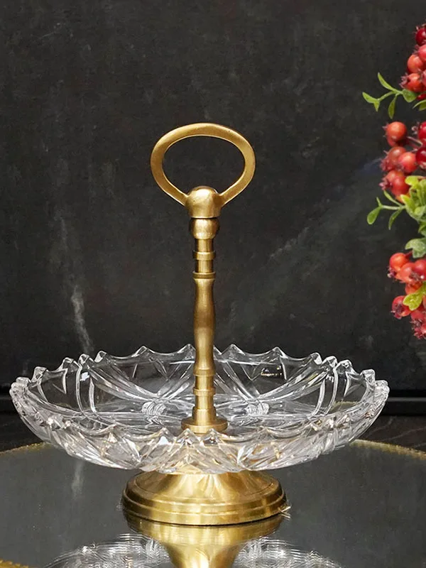 

Luxury Brass Handle Crystal Glass Tray Fruit Plate Tea Table Afternoon Tea Dessert Plate Elegant Home Decorative Accessories