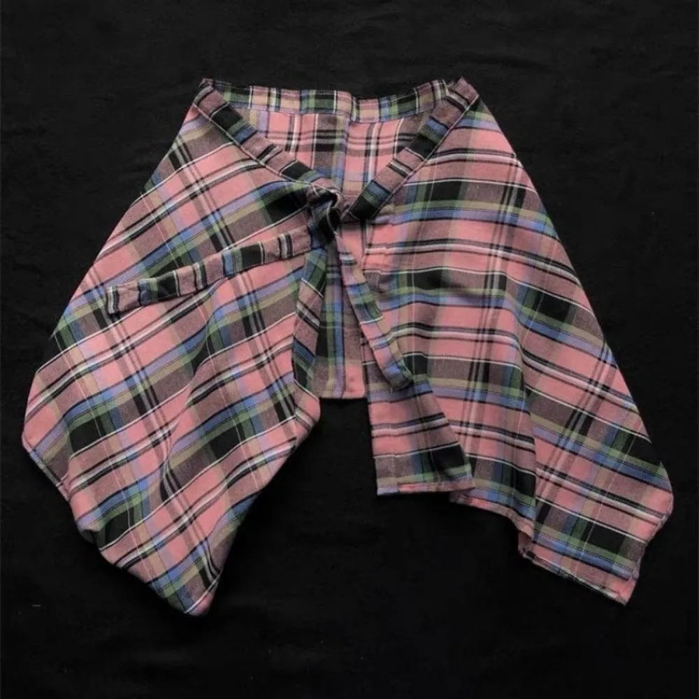 

Casual Elastic Women Plaid Skirt Irregular Bow-knot Waist Shirt Blue White Lattice Mini a-line Shortskirt Girls Streetwear