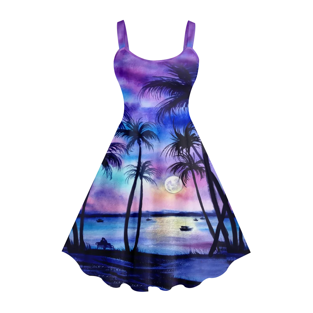 Summer Dress 2024 Coconut Tree Print Mini Dress Beach Luxury Party Vestido Sleeveless Evening Dresses Girl Dresses Elegant Robe