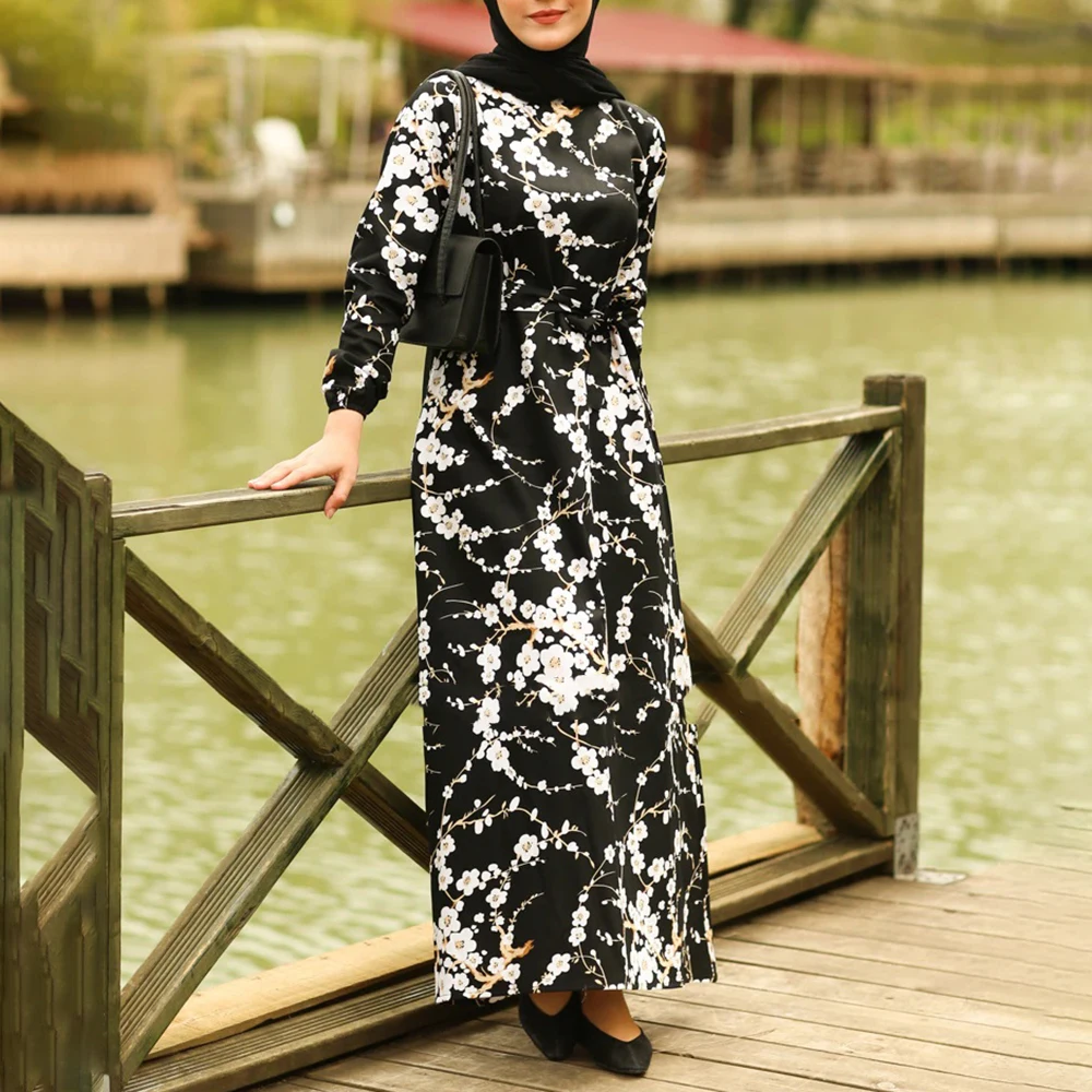 

New 2022 Muslim Dresses For Women Long Bundle Sleeve Belt Print Abaya Dubai Femme Robe Modest Ramadan Arabic Daily Maxi Dress