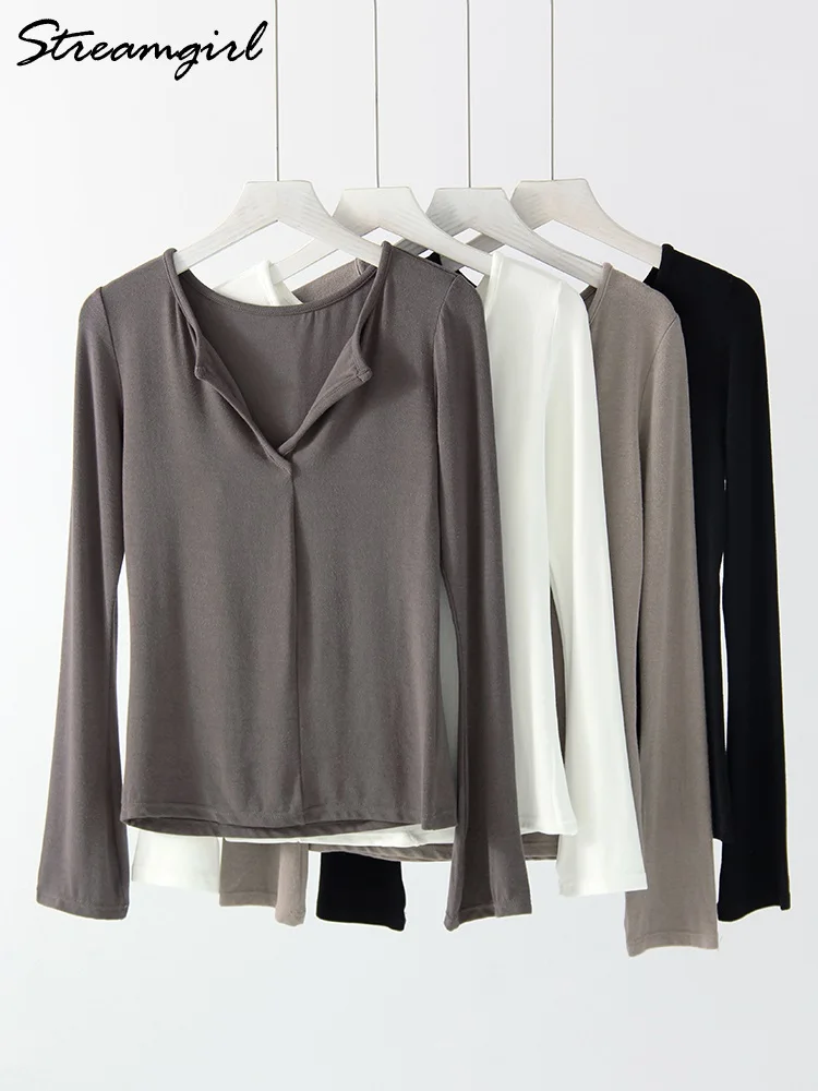 White Long Sleeve Tops For Women Winter Spring Basic V Neck Top Tees Slim Gray Tshirt Modal Basic Blouses For Women T Shirts