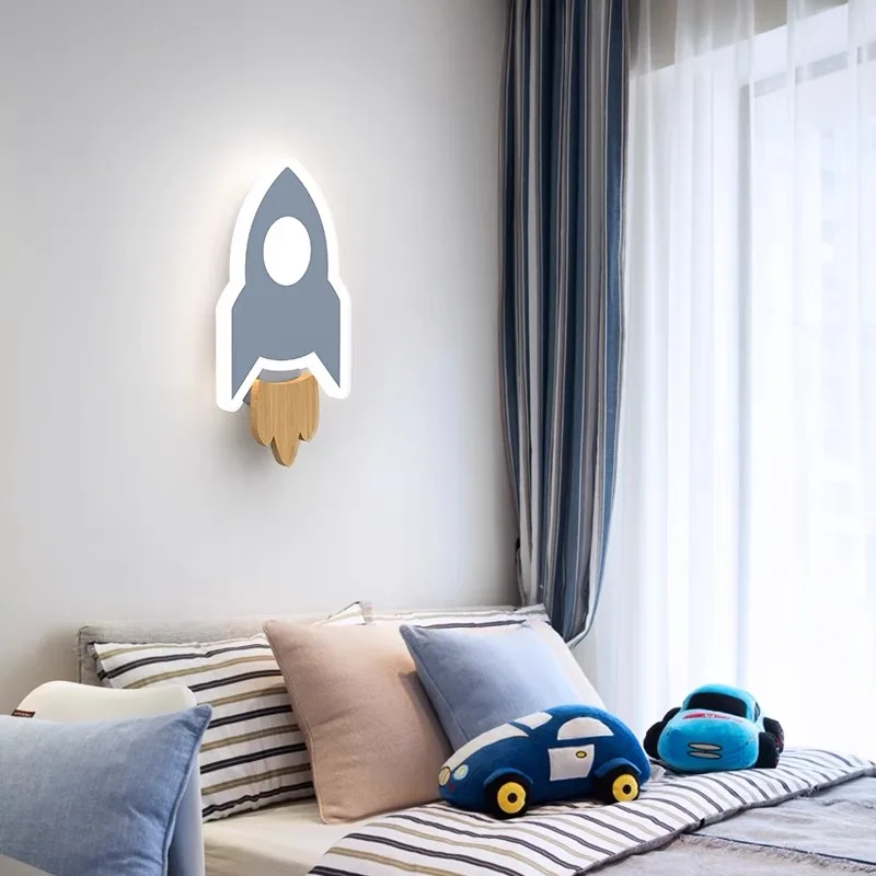 Lámpara de pared LED con cohete de dibujos animados, iluminación moderna para habitación de niños, dormitorio de niños, decoración de cabecera,