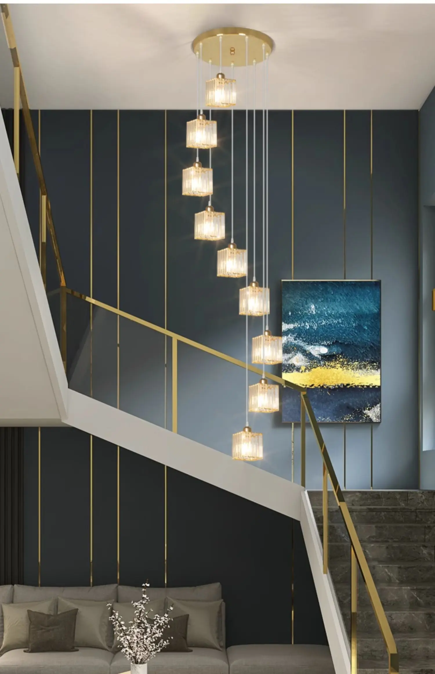 Candelabro largo de escalera para Loft, luz dúplex, lámpara de cristal de lujo, lámpara giratoria nórdica Simple y moderna para Villa, pabellón y restaurante