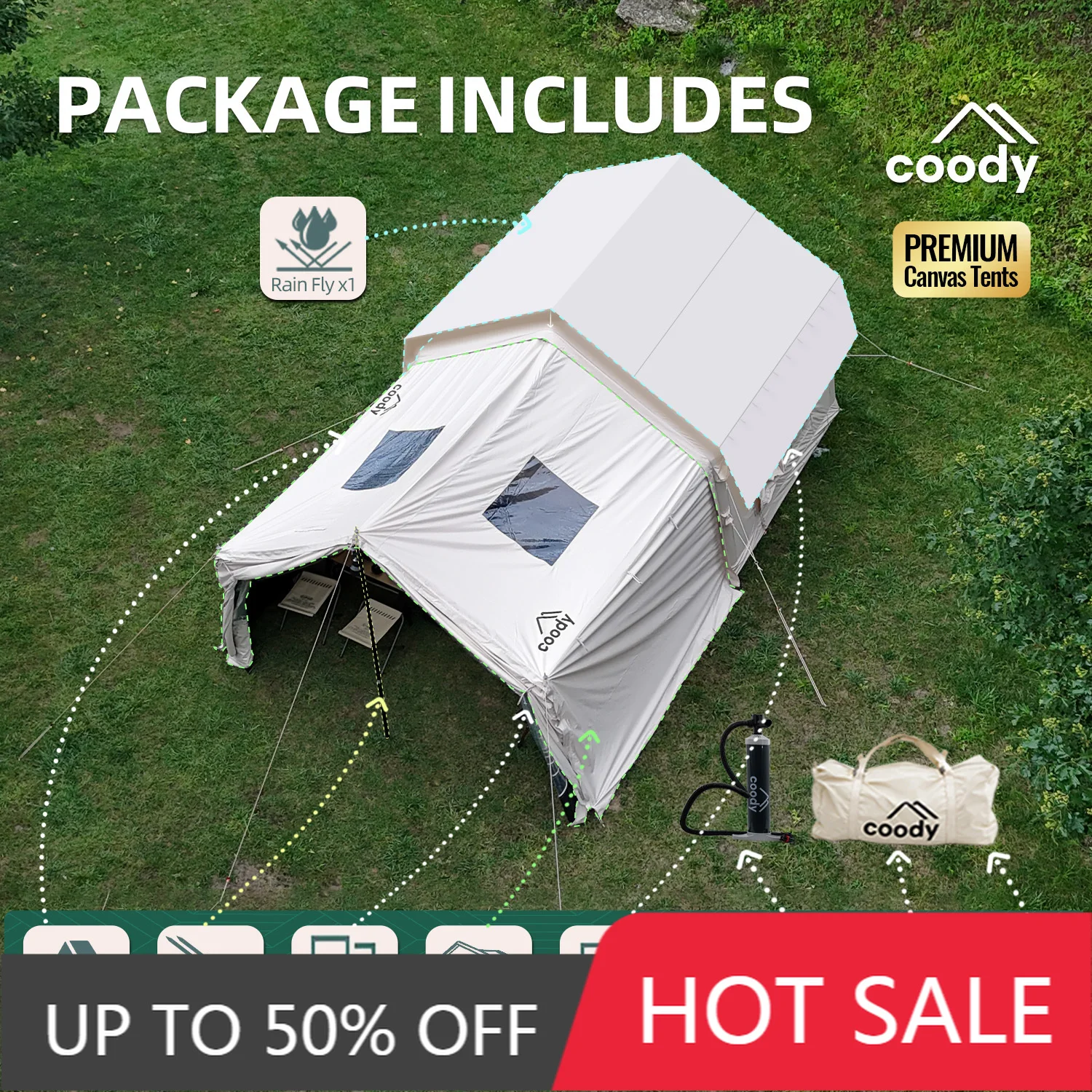 Coody 8.0+ Framed Foyer Air Tent Beige Cotton Inflatable Shelter Factory Sale 3-6 People Outdoor Family Camping Tent