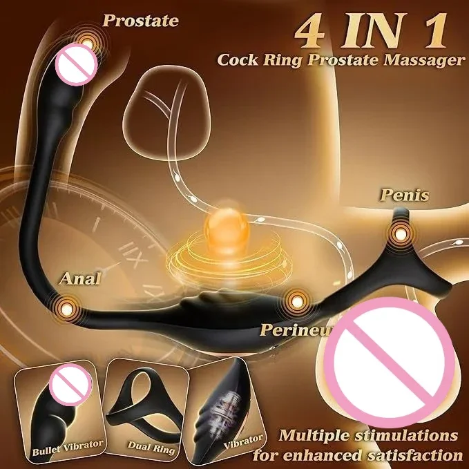 Prostate Massager Cock Ring Remote Control Vibrating 4 IN 1 Silicone Wearable Device for Men Multi Function Stimulation Toy