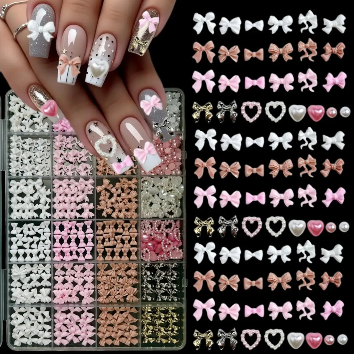 

1Box Multiple Colors Minimalist Bows Nail Charms 3D Sweet Ties Hollowed Pearl Heart Mixed Nail Art Decorations DIY Nails Sets