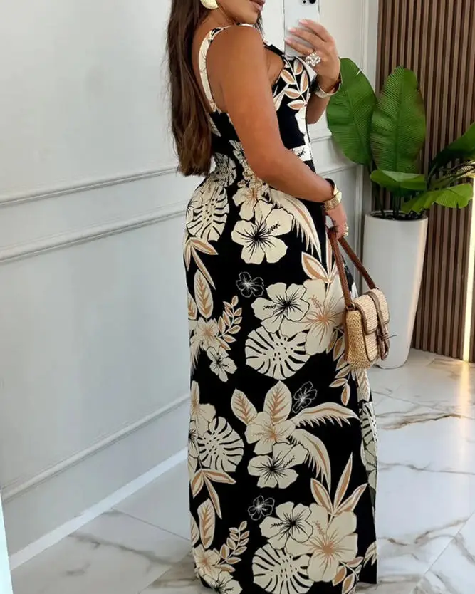 

Womens Dresses Tropical Floral Print Square Neck Thick Straps Shirred Back Maxi Dress Casual High Waist Side Slit Vacation Dress