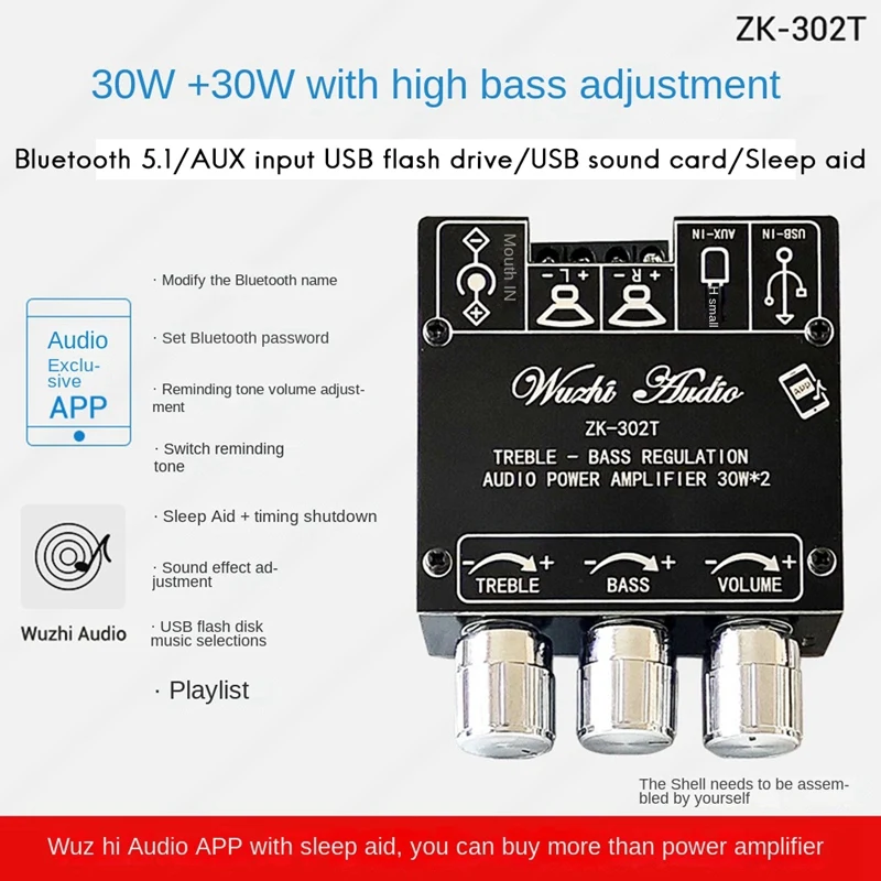 

ZK-302T Bluetooth Digital Amplifier Board With High And Low Bass Adjustment Audio Module DC9-24V