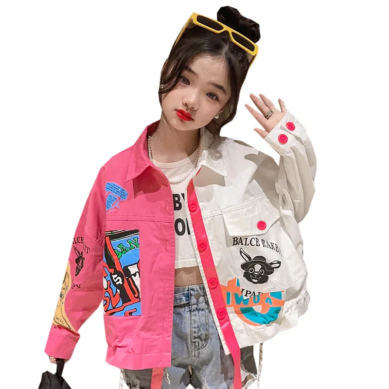 Novelty Design Girls Jacket Children\'s Clothing Coats White Pink Patchwork Cartoon Print Cotton Denim Jackets Tops Kids Outwear