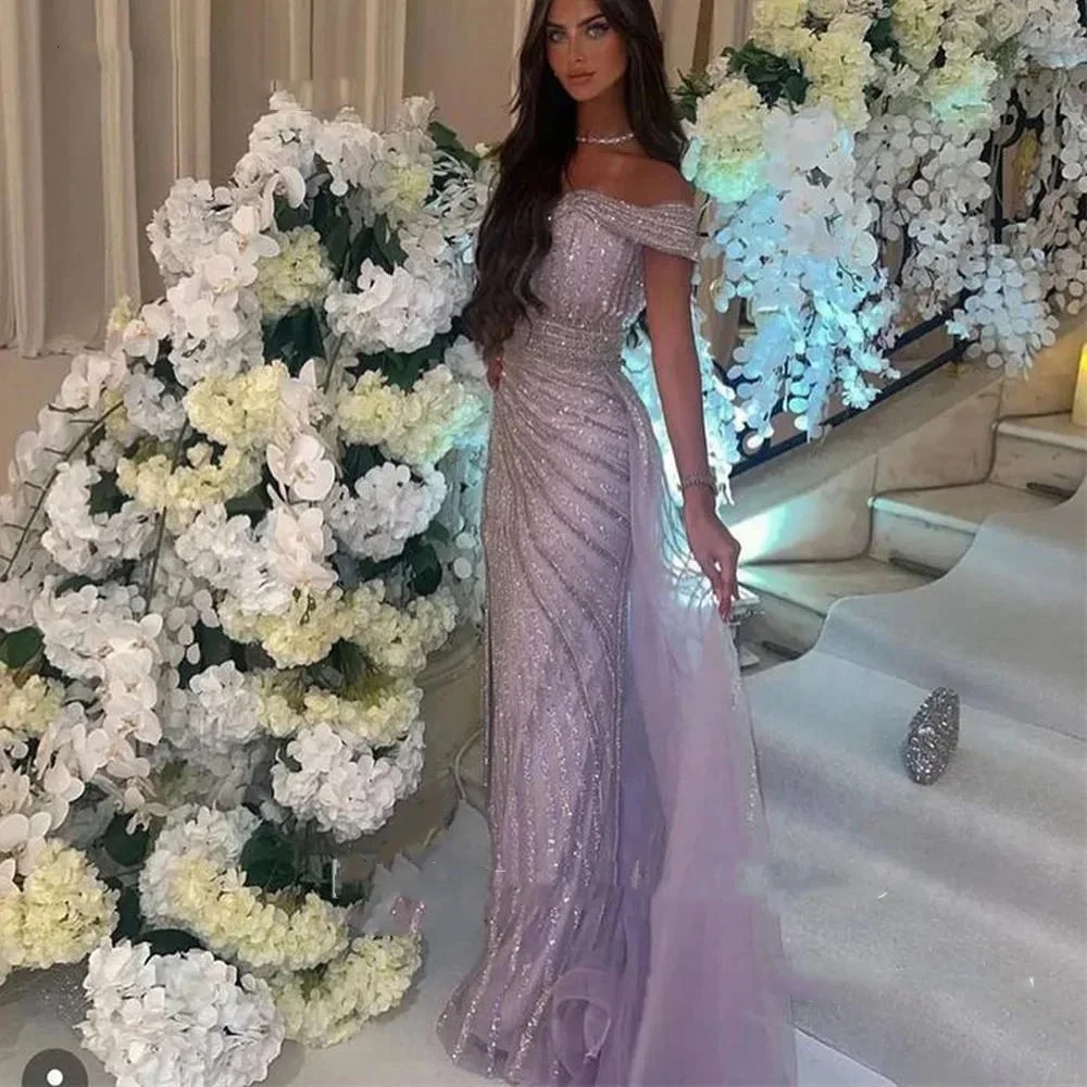 Shiny Striped Bead Embroidery Purple Evening Dresses Customized Luxury Dress for Weddings Dresses Vest Evening Party Cocktail