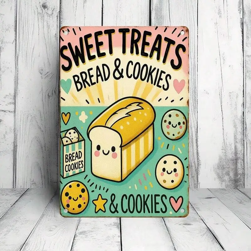 1pc 2d Flat Tin Sign Sweet Treats Bread & Cookies Retro Kitchen Wall Decor, For Men Women,Wall Decor For Living Room Kitchen Roo