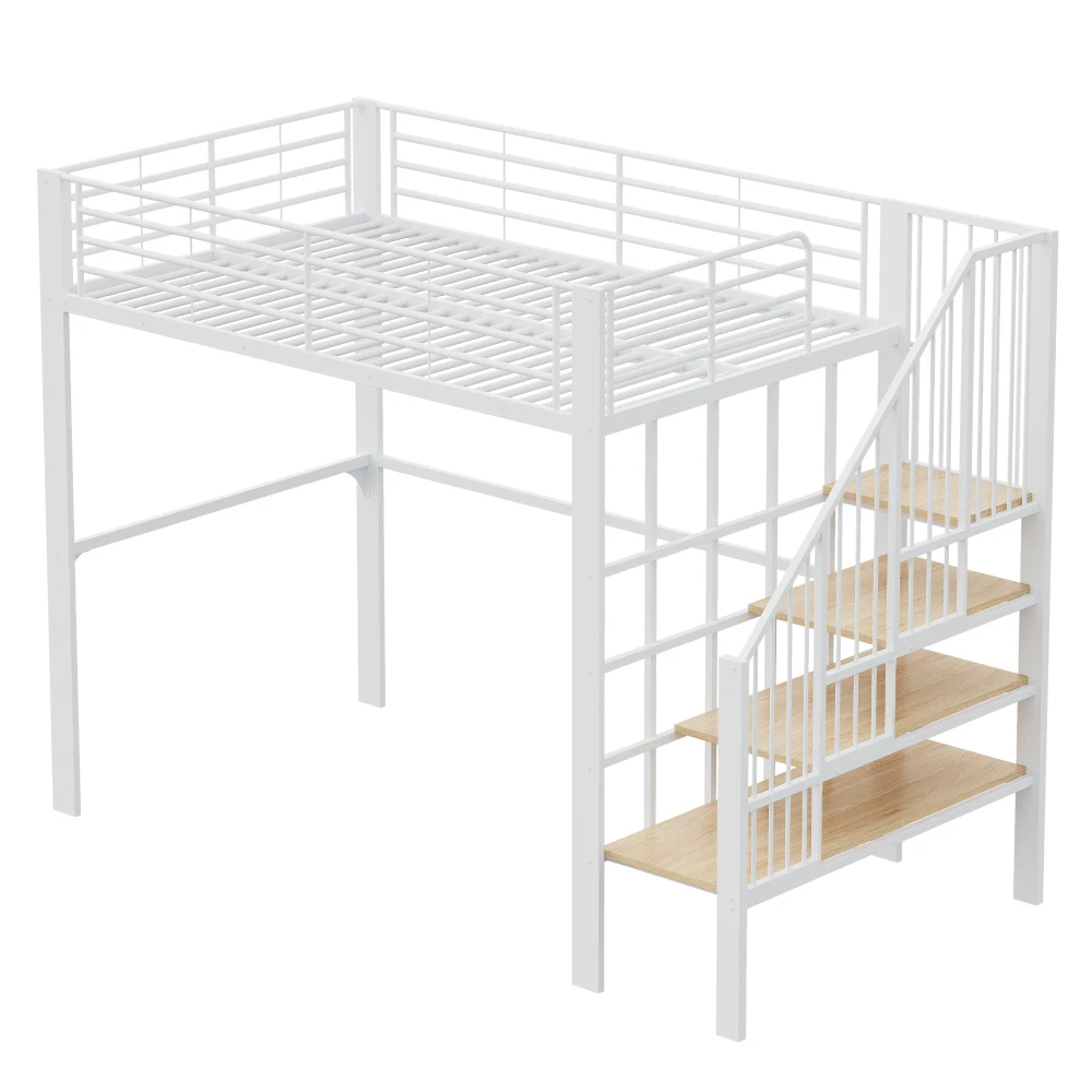 Stabiles Hochbett aus Metall, 90 x 200 cm/140 x 200 cm, mit geräumigem Stauraum unter dem Bett und Treppe für Kinder und Erwachsene, Bettgestelle und -gestelle – Detail 31