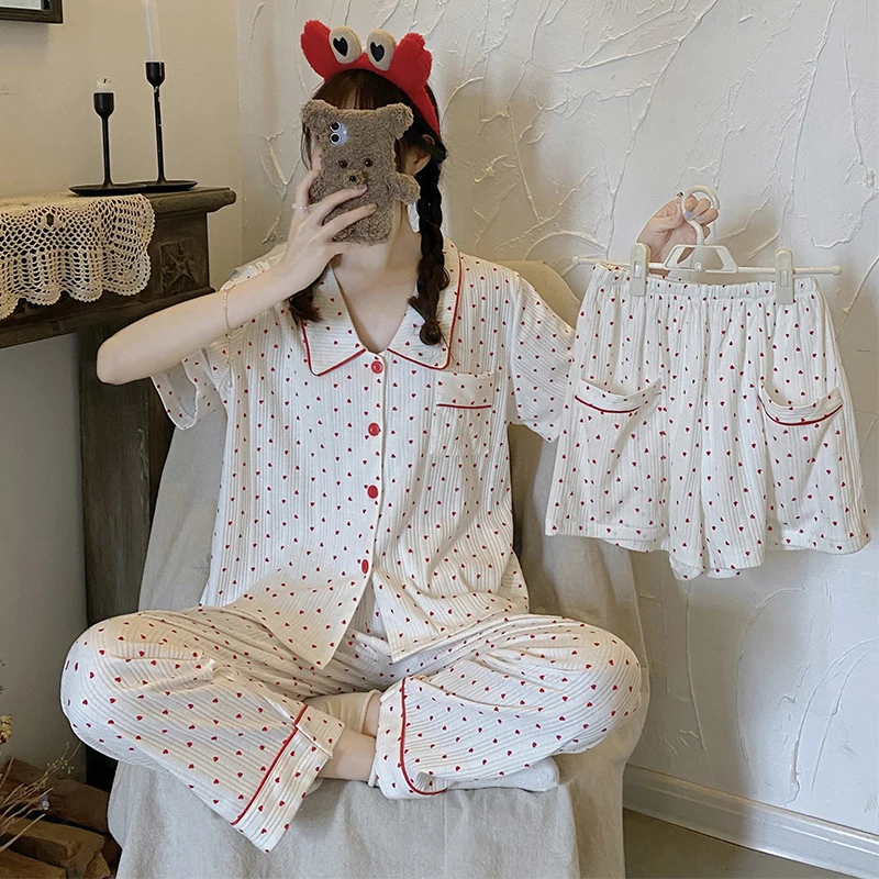 

Pajama Sets Women Simple Breathable Cozy Fashion Summer Design Casual Sleepwear Tender Korean Style Students Turn-down Collar
