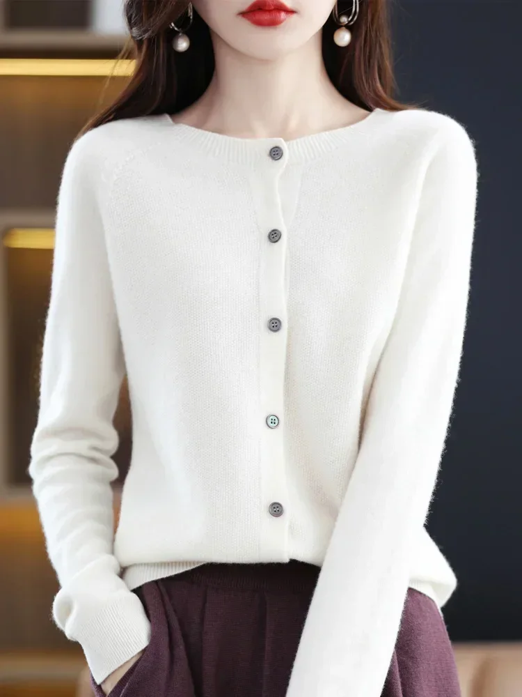 New Fashion Spring 100% Pure Merino Wool Womens O-neck Cardigan Cashmere Sweater 2024 Female Clothing Grace Knitwear Korean Tops