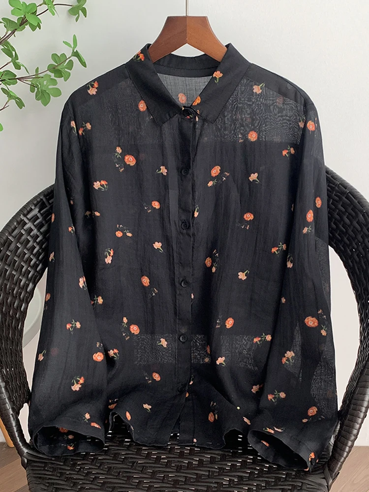 

French Style Loose Fit Pure Cotton Long Sleeve Floral Print Shirt Women's Casual Top Breathable Comfortable Spring Summer Autumn
