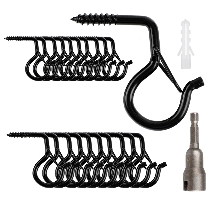 12/20 Pcs Screw Hooks with Safety Buckles Windproof Iron Light Hooks Anti Rust Q Hanger Hooks Durable Heavy Duty Ceiling Hooks