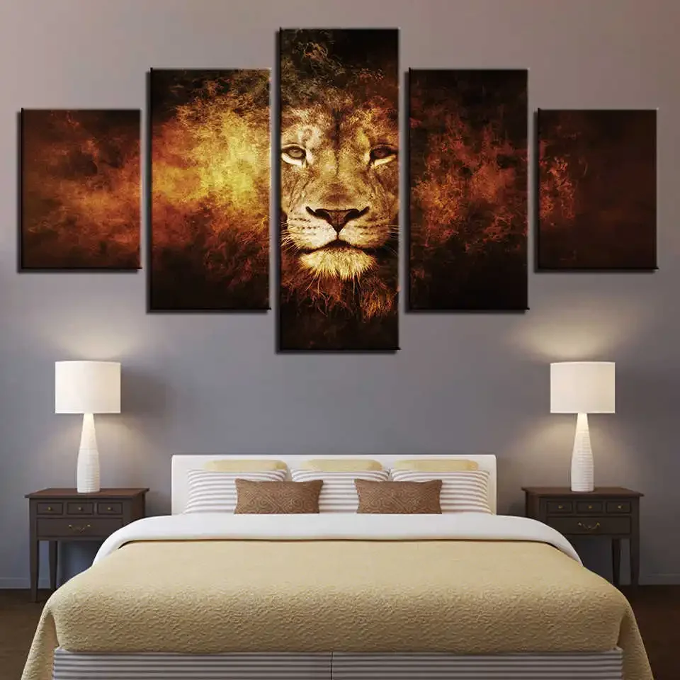 

Low luxury 5-pack high-definition printing painting, roaring color lion art, living room decoration mural