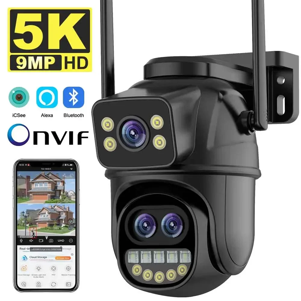 

9MP 5K HD WiFi IP Camera Outdoor 8x Zoom Three Lens Dual Screen PTZ Camera Auto Tracking Home Security CCTV Surveillance 4MP Cam