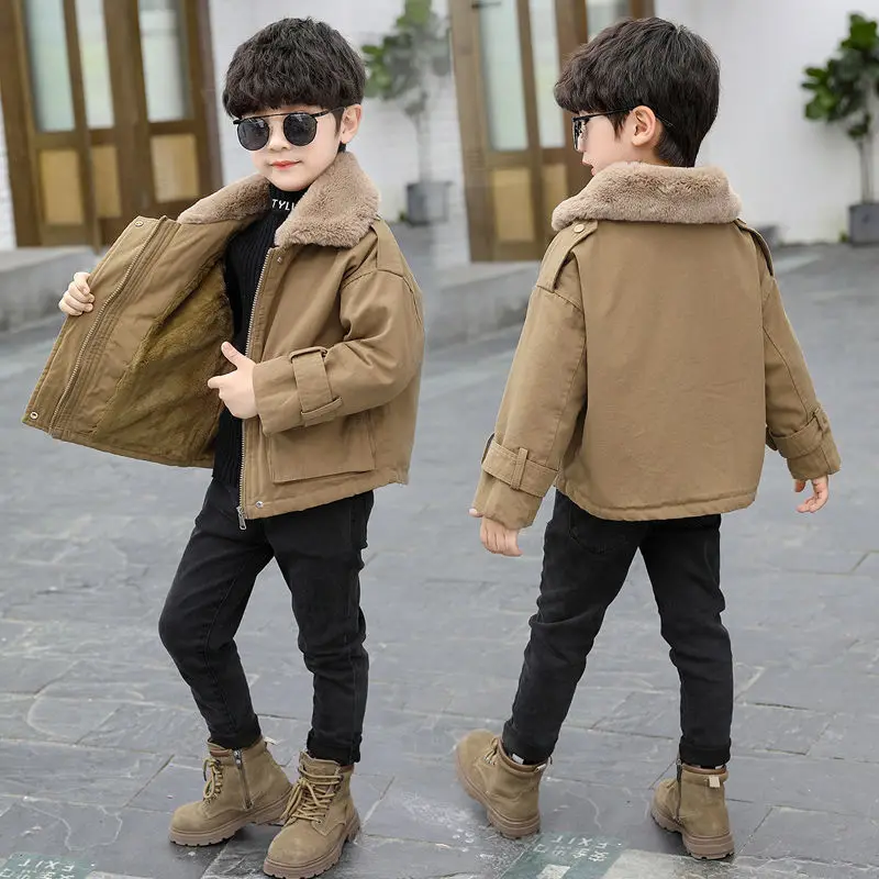 

Boy's winter coat with fleece coat 2023 new winter thickened children's cotton-padded clothes autumn and winter fashion