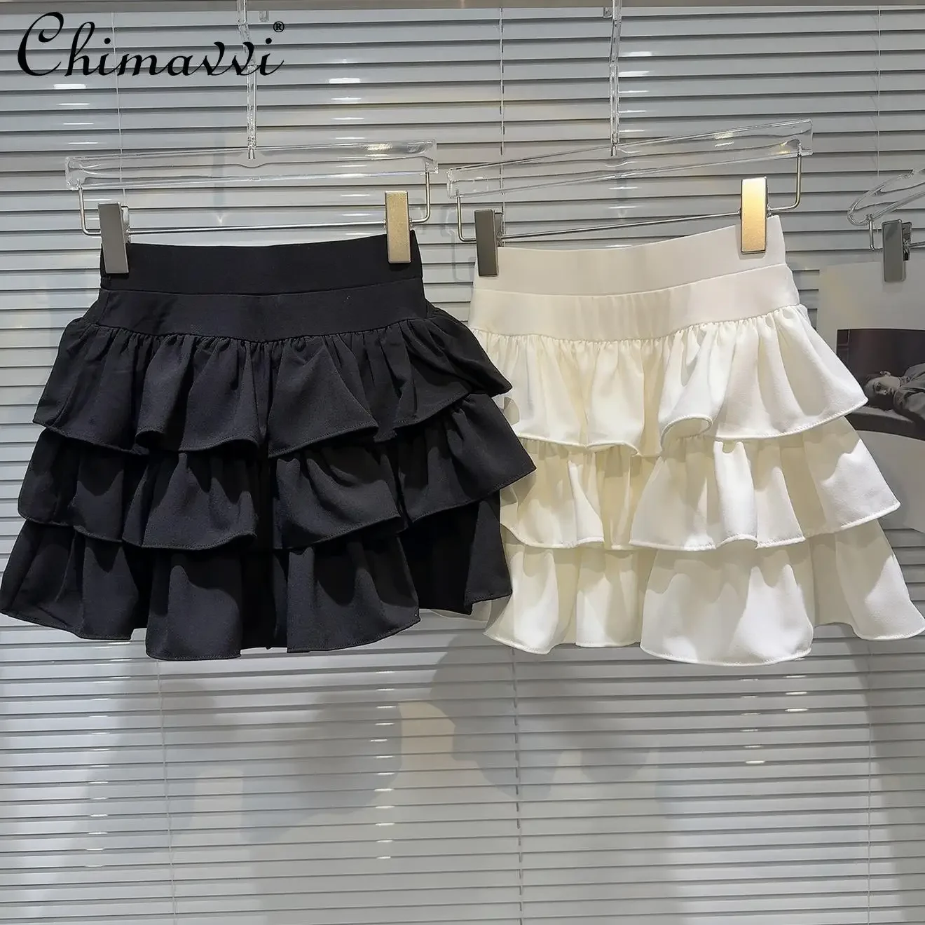 

Elegant Sweet Socialite Solid Color Ruffles Splicing Multi-layer Cake Skirt Elastic High Waist A-line Versatile Mini Skirt Women