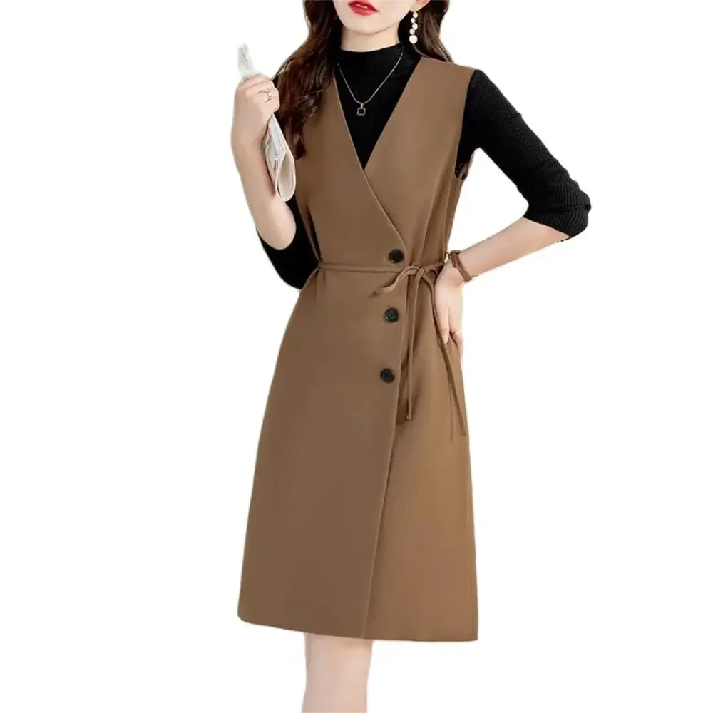 여성용 슬리브리스 슬림 베스트 벨트 탱크 드레스 오버코트 아우터 무릎 길이 허리 조절 스프링 가을 패션