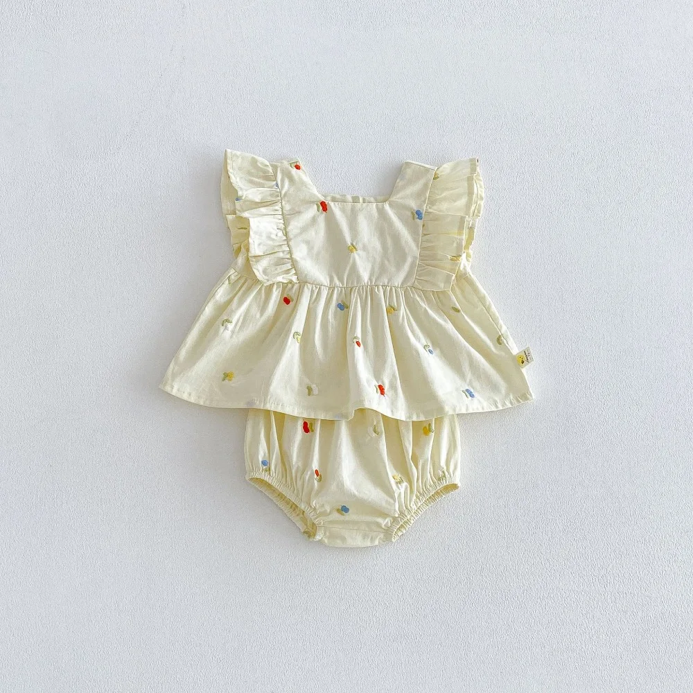 0-3Years Cute Newborn Baby Girl Clothing Set 2026 Summer Ruffles Sleeve Embroidery‌ Tops+Bloomers Short 2PCS Outfits Clothes