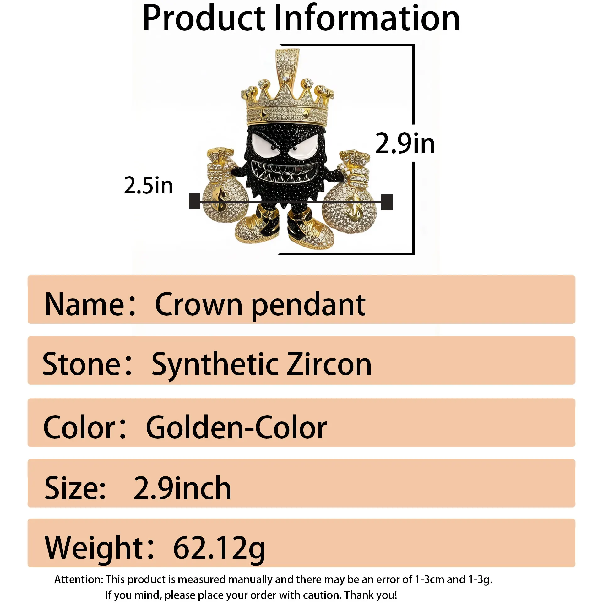 LYEE CYEE Hip Hop Crown Money Bag Black Pendant Necklace Men's Luxury Street Fashion Jewelry Men's Boutique Jewelry Valentine's Day/Commemorative Gift Birthday Gift Best Gift for Good Friends