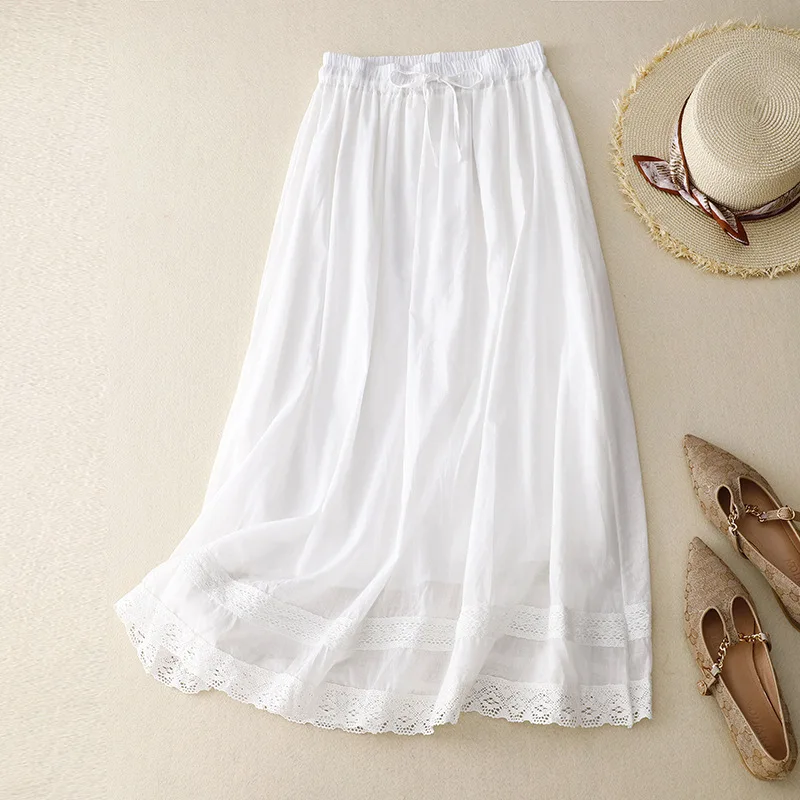 2025 Summer New Literary Loose Splicing Lace Elastic Waist Skirt Women's Medium and Long