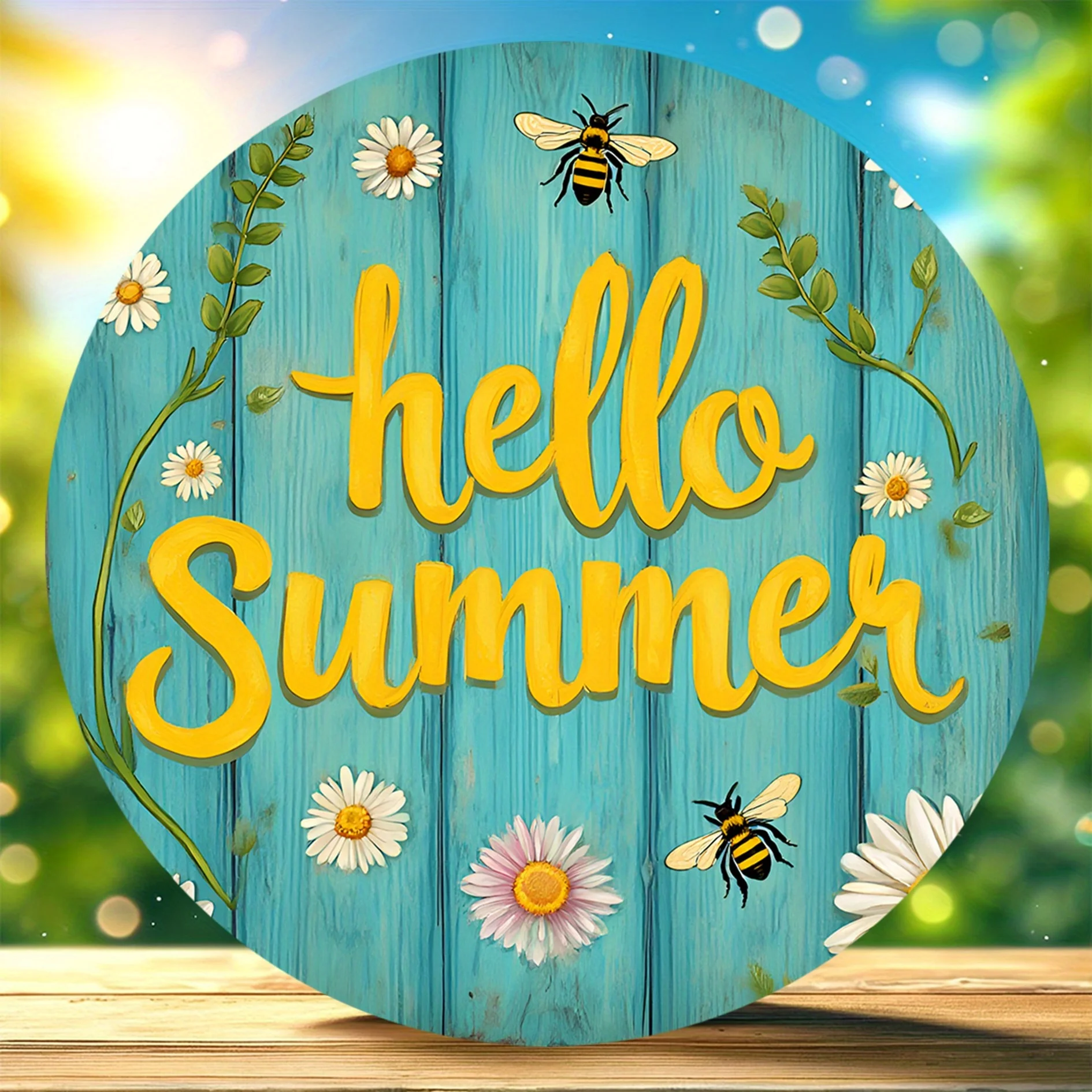 2D Flat, 1pc Hello Summer Bee & Daisy Farmhouse Style Wooden Round Hanging Sign, Vintage Wall Art, No Drilling Required Rope, Su