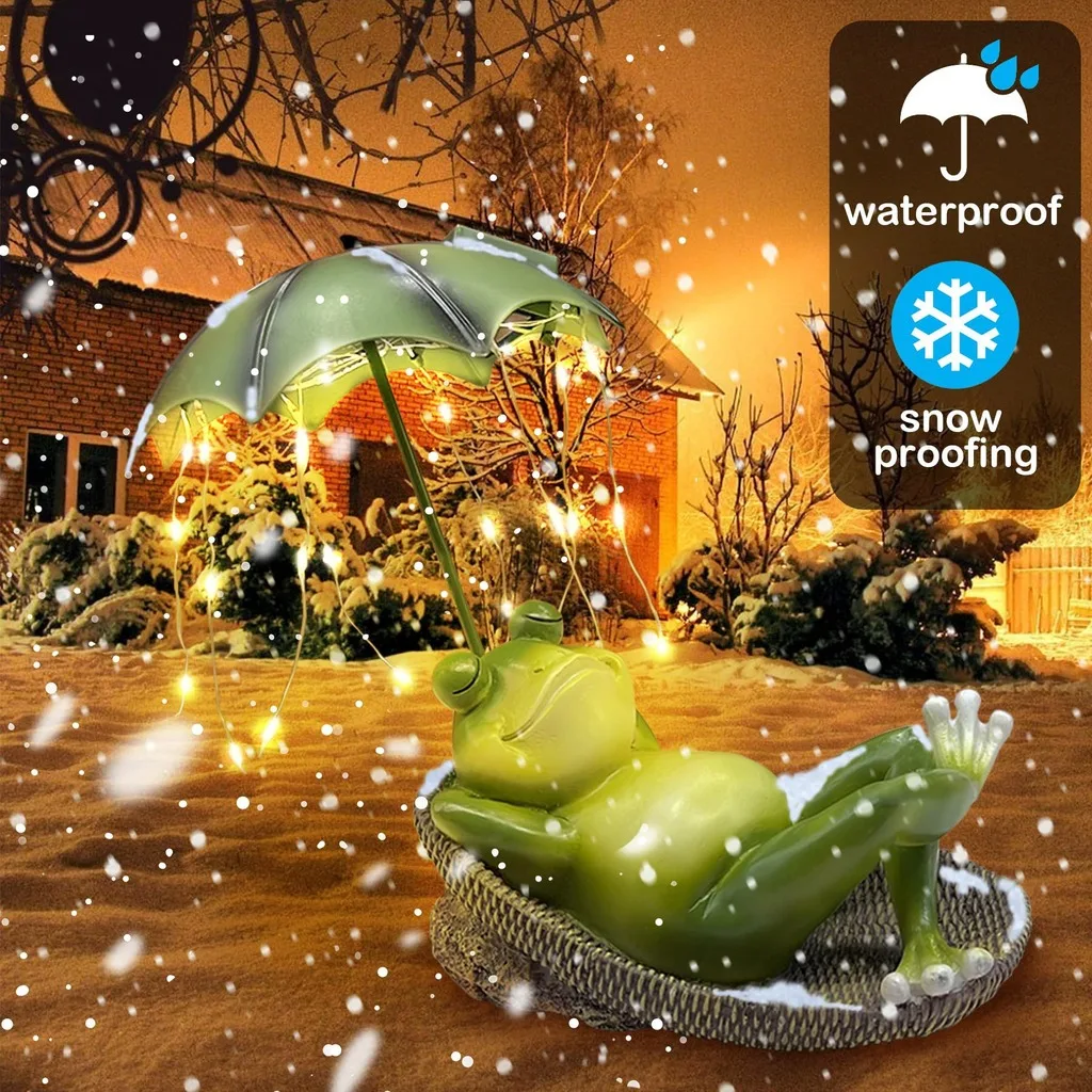 Patio Frog Decoration Solar Resin Garden Sculpture Solar Frog Garden Statue Decorative Frog Umbrella Statue For Indoor Shelf
