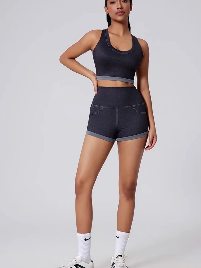 Women's Spor Denim Sle Vest Set Running Yoga Fitn Outwear Underwear New Cross-Border Simulation Cotton Polyester Spandex